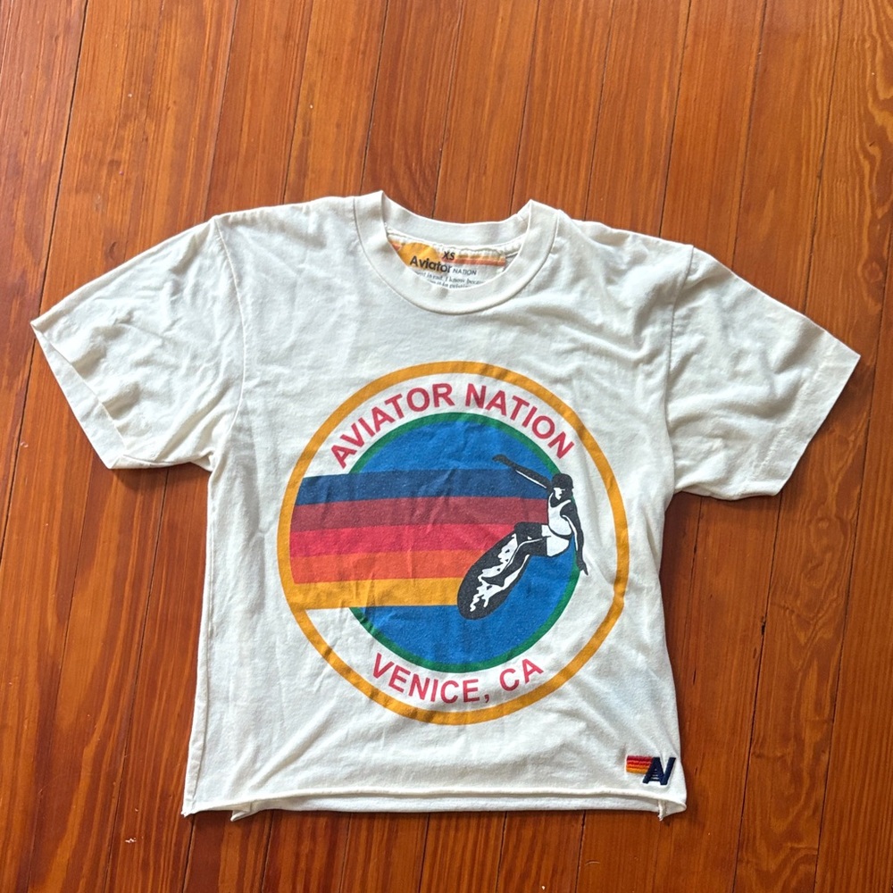 Aviator Nation White Tee with Rainbow Graphic
